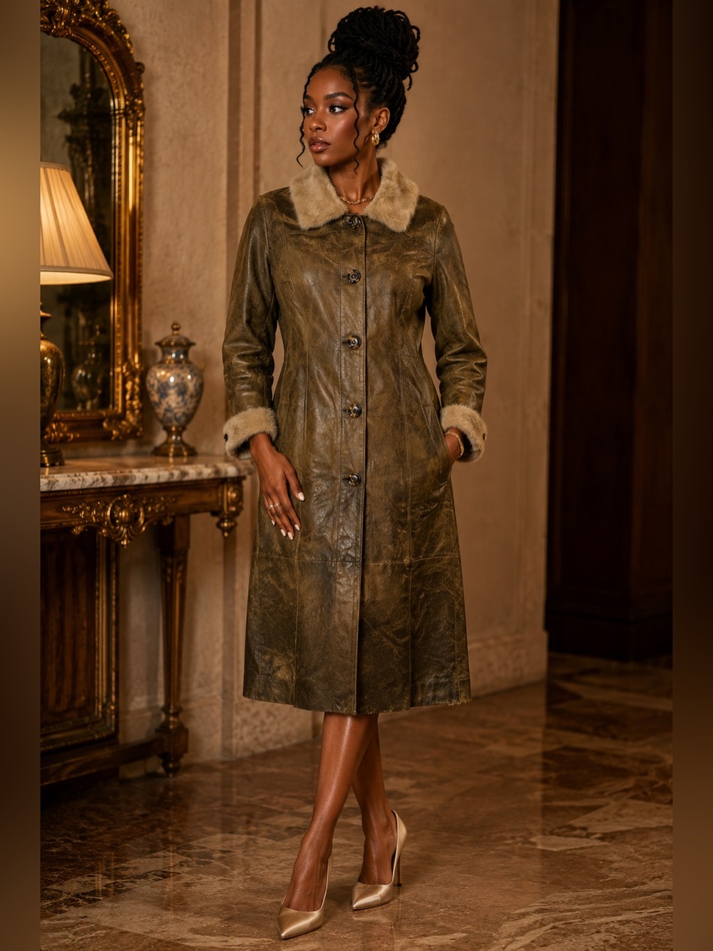 Longline Faux Leather Trench Coat w Genuine Mink Trim + Lamb Fur Lining